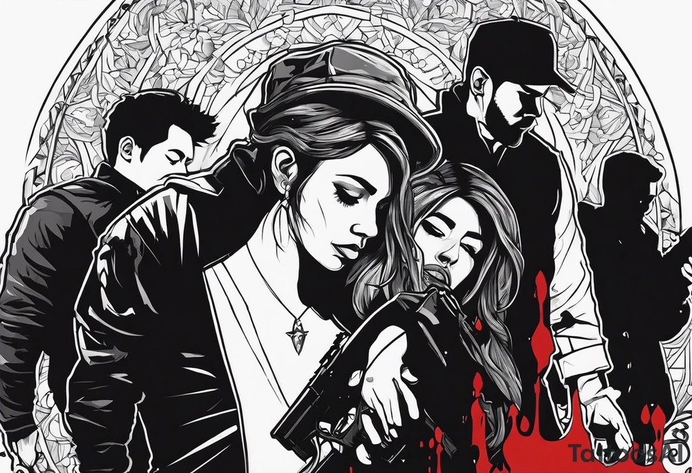 In the reflection of a eye crying blood two black siloets of people holding guns one man dead on the ground with a wounded woman standing behind him tattoo idea