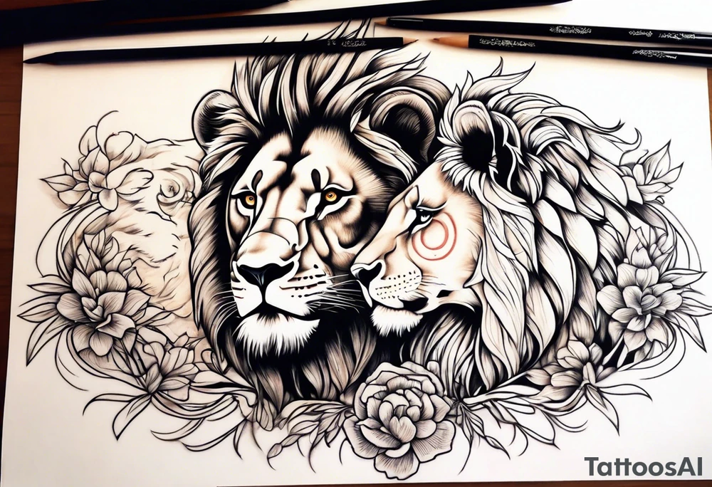 Realistic lion and lioness 
bonding tattoo idea