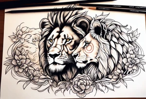 Realistic lion and lioness 
bonding tattoo idea