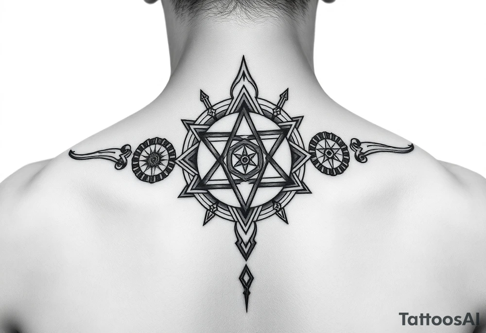 wide sacred geometry throat tattoo with several symbols combined tattoo idea