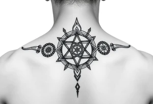 wide sacred geometry throat tattoo with several symbols combined tattoo idea