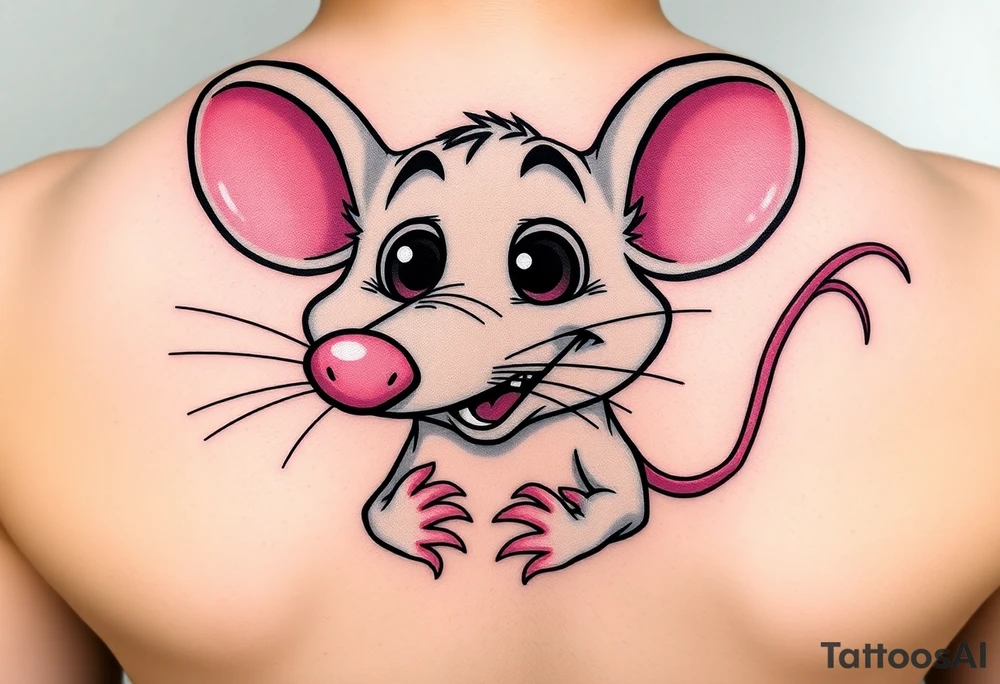The image shows a cartoon rat with a long pointed nose, huge bulging eyes, and a cheeky, mischievous smile. The rat is grey with big pink ears and a thin pink tail visible on the right. Its little hands are held up close to its chest in a playful, sneaky pose. The expression makes the rat look funny, surprised, and a bit sly at the same time. tattoo idea