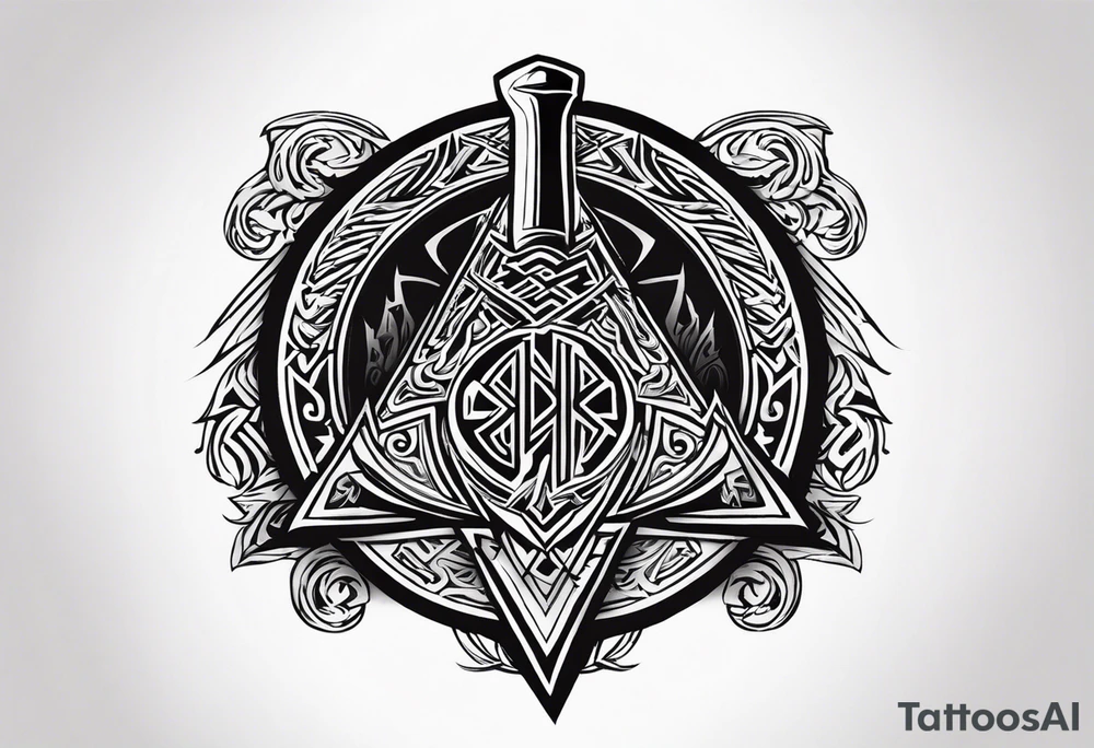 Valhalla sword shield axe Valknut  tribal tattoo idea