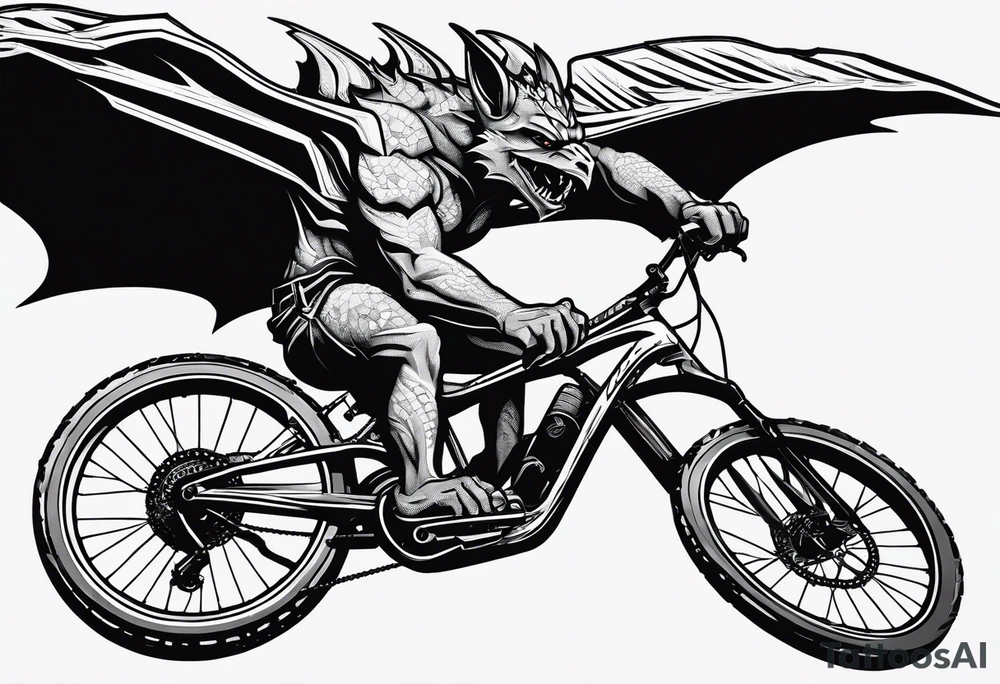gargoyle riding a full suspension mountain bike with a shadow no background with wings tattoo idea