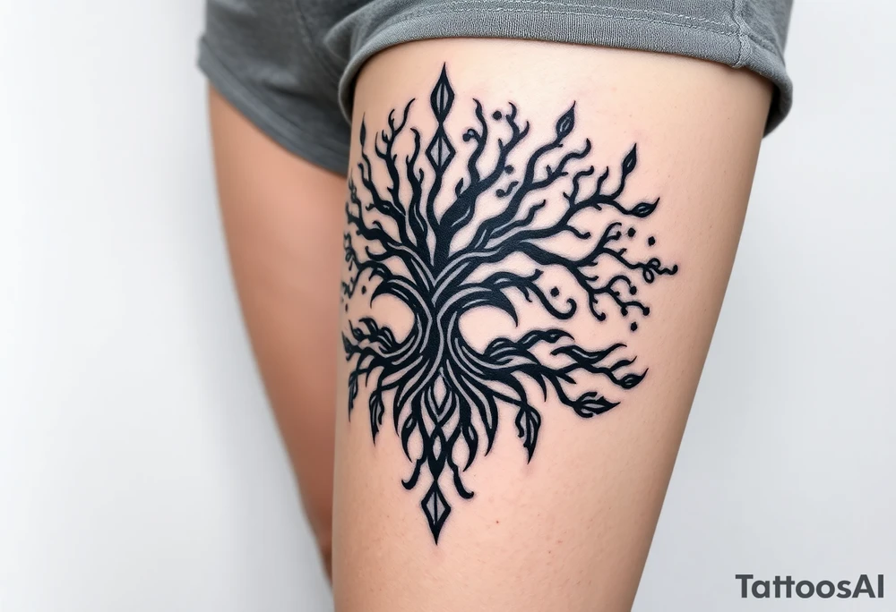 mystical tree of life with cosmic roots and celestial branches tattoo idea