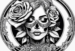Hispanic/ Latin  woman  with half skull,  roses, loving heART, strength,  cancer zodiac , time heals all tattoo idea