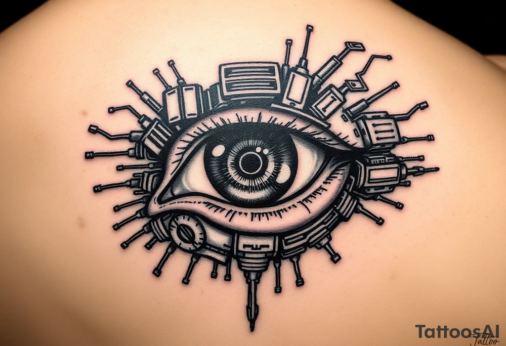 Cybernetic Eye with HUD Elements
A detailed eye with cybernetic implants and neon overlays.
A heads-up display (HUD) projecting out, featuring symbols, warnings, or static.
Neo-trad thick outlines and shading mixed with digital-style highlights. tattoo idea