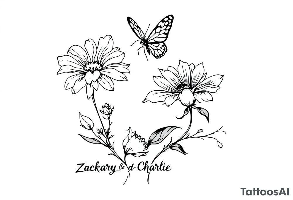 Flowers, heart and buttherfly with name Zackary and Charlie tattoo idea