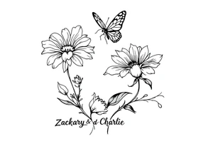 Flowers, heart and buttherfly with name Zackary and Charlie tattoo idea