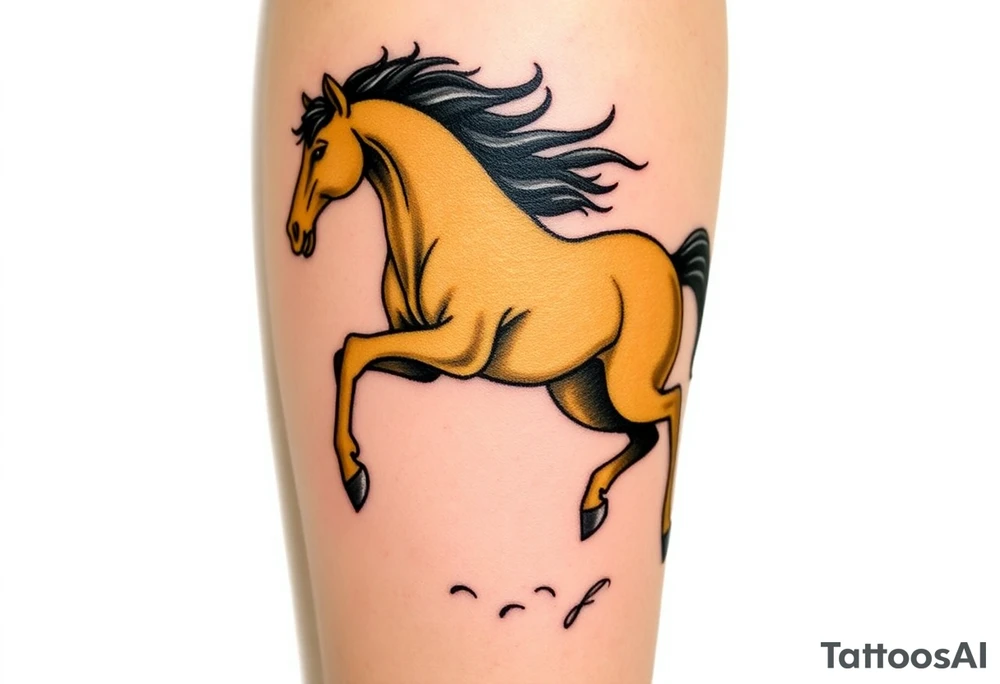 The tattoo represents a supernatural encounter with a golden horse with jet-black fur in the mountains of Choquequirao (Cusco, Peru). This mysterious, fleeting horse symbolizes strength, energy, and spiritual rebirth. It appeared at full speed, its hooves shaking the ground, its breath so powerful it drowned out all other sounds. The narrator felt no fear, only awe as the horse took a perfect curve, muscles tense, radiating power and grace. Its presence transformed the narrator, giving them the energy to complete an exhausting trek and leaving them with a profound connection to something greater. The tattoo aims to capture the essence of this moment: strength, speed, beauty, and the spirit of the mountain. For the design, consider drawing inspiration from Japanese tattoo art, known for its dynamic representation of animals like koi fish and dragons, emphasizing fluidity, movement, and symbolic power. tattoo idea