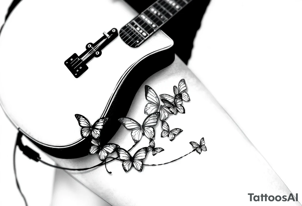 An electric guitar with the cord running down wrapped around the leg and five or six butterflies around it tattoo idea