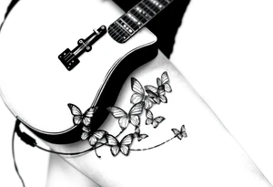 An electric guitar with the cord running down wrapped around the leg and five or six butterflies around it tattoo idea