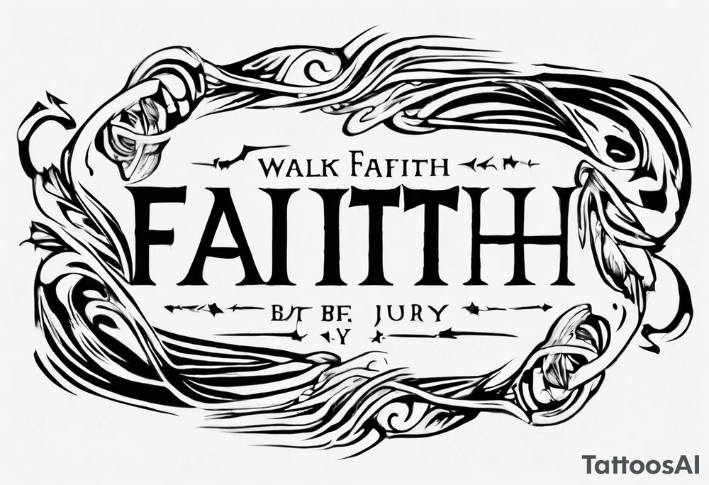 Horizontal inner bicep tattoo. “walk by faith, not by sight” stairwell wrapping around the quote. This design captures the essence of the journey guided by faith. tattoo idea
