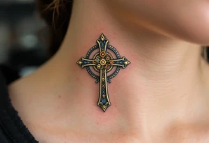 Vintage Cross with Clockwork Design – A tiny vintage bronze cross featuring intricate clock gears in gold and rust, combining faith and time, with some soft shading in the middle of a neck. tattoo idea