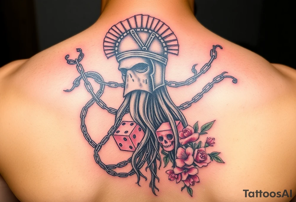 Squid and spartan and sailor hat combined with chains, tree roots, cherry blossoms and roses rolling dice tattoo idea