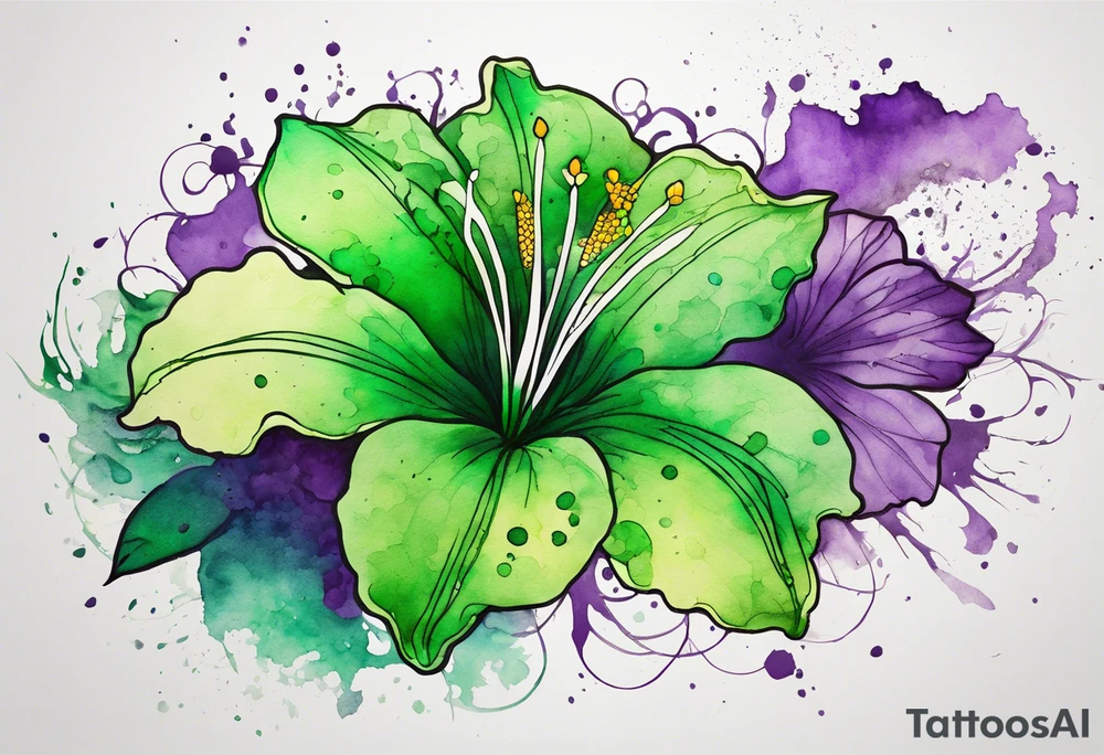 A mystical outline of a green rio dipladenia flower and a green/purple watercolor splatter in the background tattoo idea