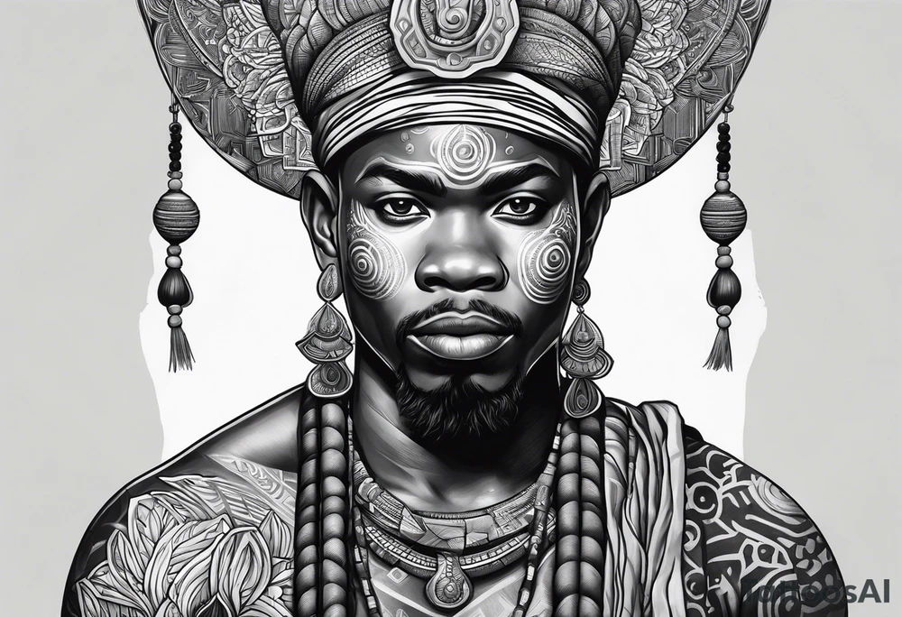 ogun africano realista em preto e cinza com tons de verde no fudo tattoo idea