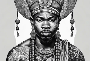 ogun africano realista em preto e cinza com tons de verde no fudo tattoo idea