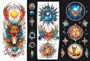 fisch, fuchs und eule , symetrie  sonne, universum, bunt, " sapere aude" tattoo idea