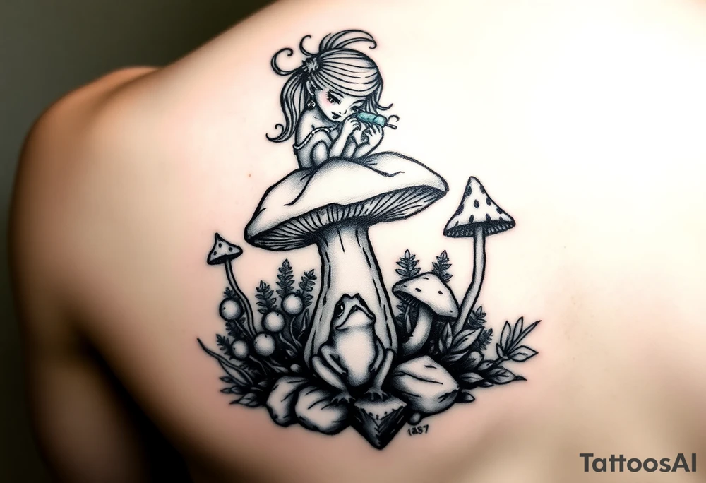 A mystic and majestic mushroom forest with a beautiful female troll eating a lollipop atop of the biggest mushroom with a frog waiting under that same mushroom trying for his chance to become prince charming tattoo idea