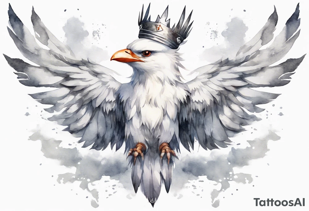 a solitary white thunderbird wearing a grey crown tattoo idea
