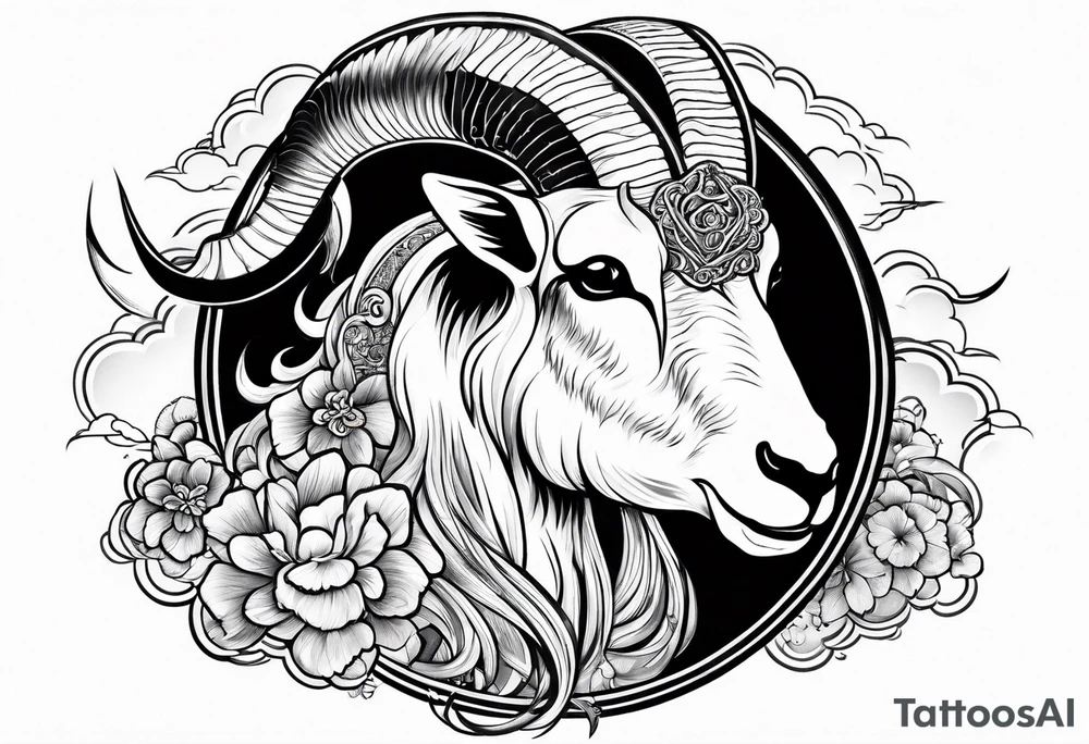 asian goat tattoo with japanese clouds tattoo idea