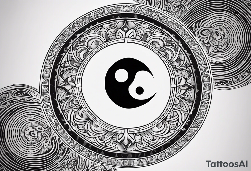 An ying yang tattoo with ouroboros forming this ying yang. And make the background after the ouroboros a mandala fading out. the ying yang goes in the center, the ouroboros delimita the ying yang and the mandala after. Everything is concentric tattoo idea