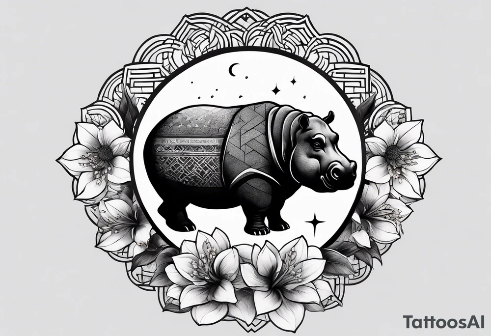 Very asymmetrical, +geometric pattern, with realistic full moon, with serious looking hippo, +zen feel, + Buddhism touch, +tribal, +geometric, +chinese inkart 
with wintersweet flower bud, +portrait orientation, +inkart touch, tattoo idea