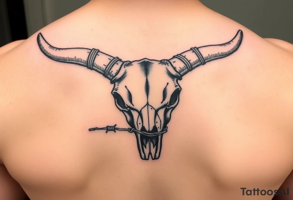 Long horn scull wrapped in barbed wire tattoo idea
