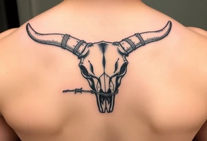 Long horn scull wrapped in barbed wire tattoo idea