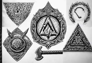 Valhalla sword shield axe stairs Valknut barbed wire chains valknut fire tattoo idea