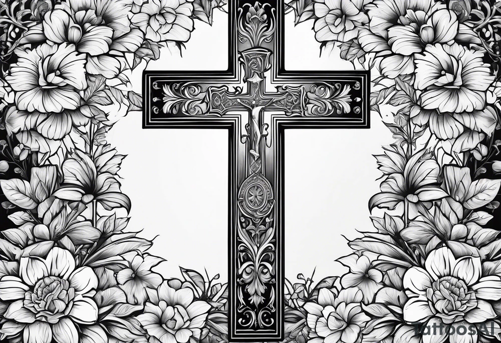 A wood cross with flowers surrounding it tattoo idea A wood cross with flowers surrounding it tattoo idea