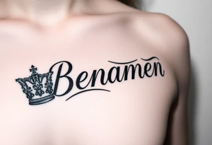 The name Benjamin with a kings crown at the front, on the left side of a women’s chest in cursive tattoo idea