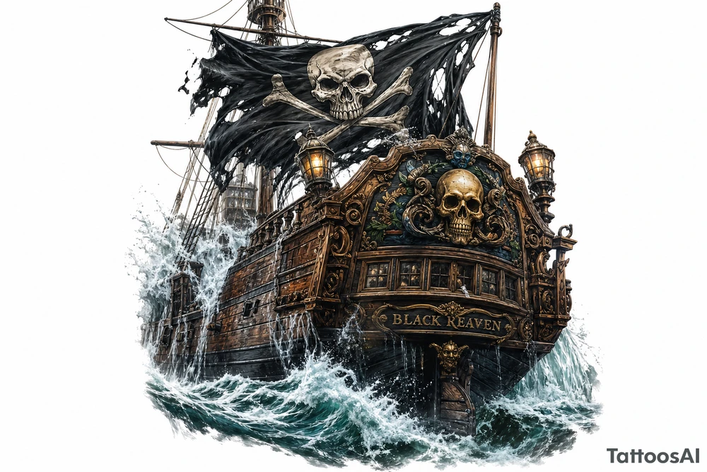 Close-up of a pirate ship's stern, waves crashing over the deck, Jolly Roger. tattoo idea