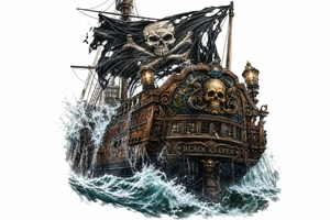 Close-up of a pirate ship's stern, waves crashing over the deck, Jolly Roger. tattoo idea