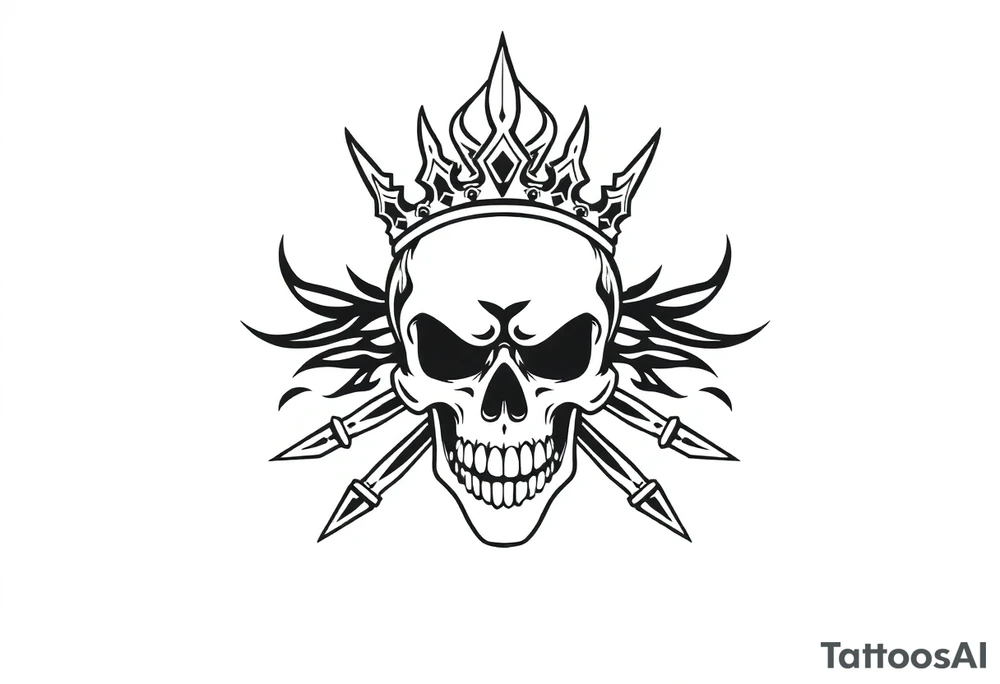 ornate skull adorned with crown of daggers and fire tattoo idea