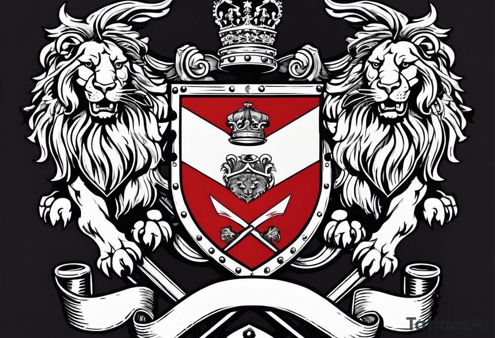 Swanson family coat of arms on a shield being held up by two lions, there are crossed skis behind the shield tattoo idea