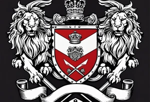 Swanson family coat of arms on a shield being held up by two lions, there are crossed skis behind the shield tattoo idea