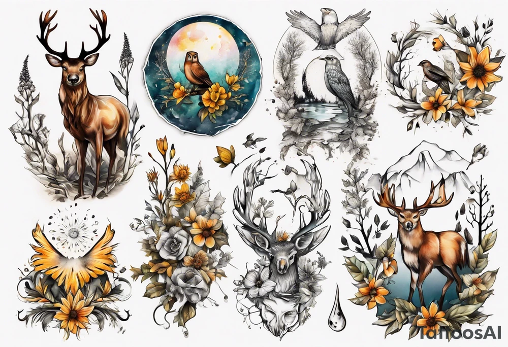 wasser, sonne, eule  wald, hirsch, blume des lebens, 
baum, berlin tattoo idea