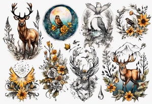wasser, sonne, eule  wald, hirsch, blume des lebens, 
baum, berlin tattoo idea