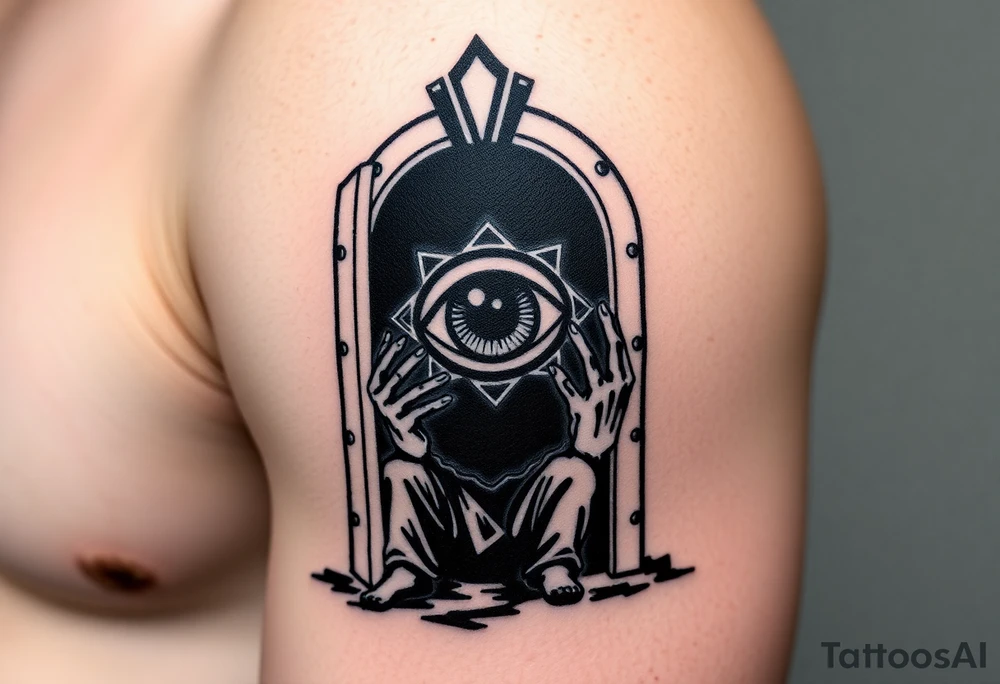 from full metal alchemist :The truth sitting in front of a nearly fully opened door with the eye of god inside the door with all black around it and black hands starting to come out the door stretching to different places tattoo idea