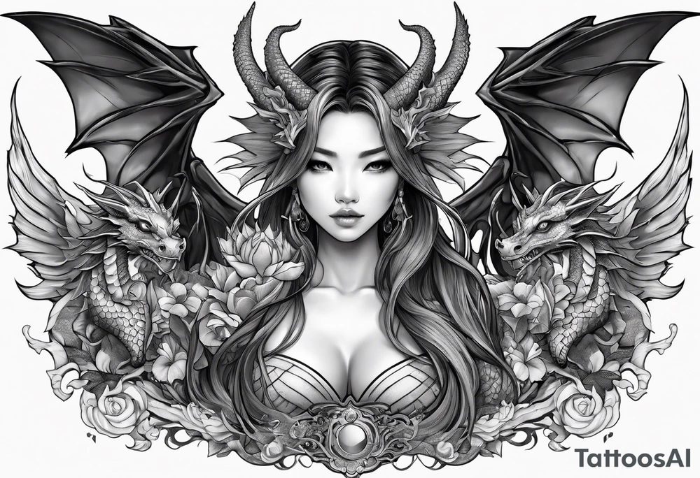beautiful warrior nymph with dragon wings and dragon friends tattoo idea