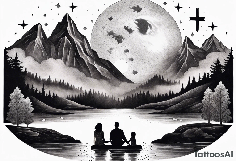 a family of three sitting in a nature with mountains, waterfall, water, and a cross in the background and and moon in the sky with stars tattoo idea
