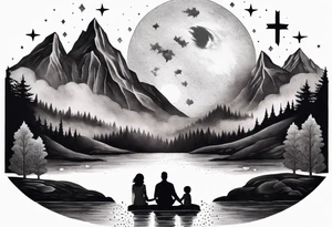 a family of three sitting in a nature with mountains, waterfall, water, and a cross in the background and and moon in the sky with stars tattoo idea