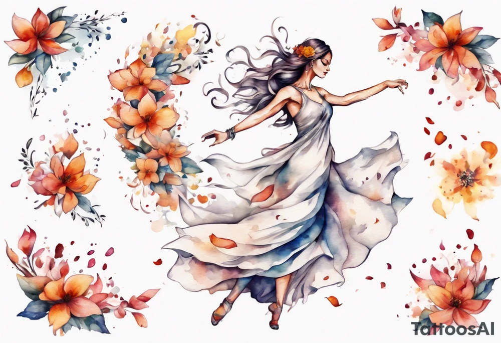 One Very feminine woman dancing in a wind of flower petals tattoo idea