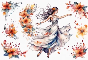One Very feminine woman dancing in a wind of flower petals tattoo idea