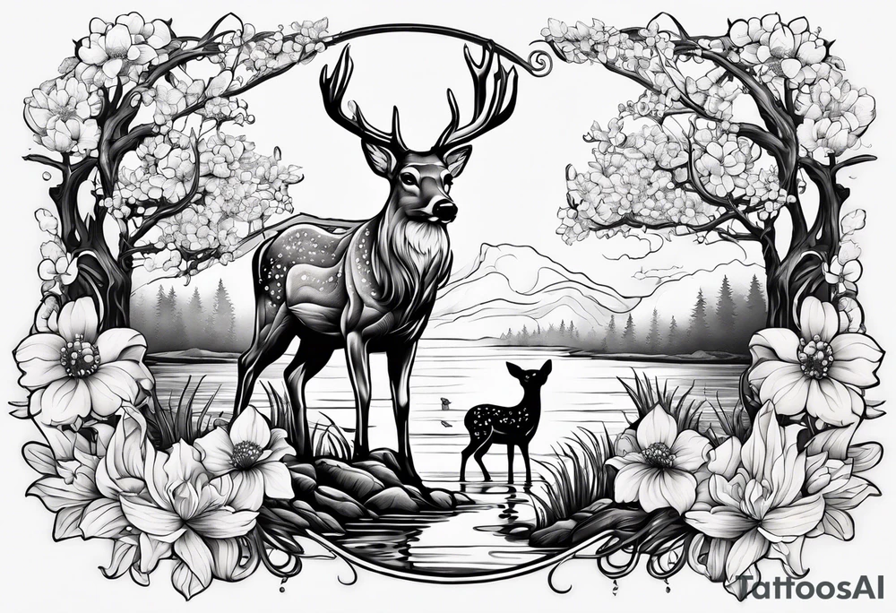 Memorial tattoo 
July 6th 2024 with a deer and a pond with dogwood flowers tattoo idea