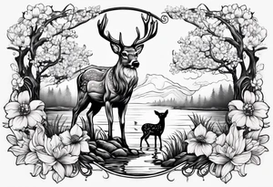 Memorial tattoo 
July 6th 2024 with a deer and a pond with dogwood flowers tattoo idea