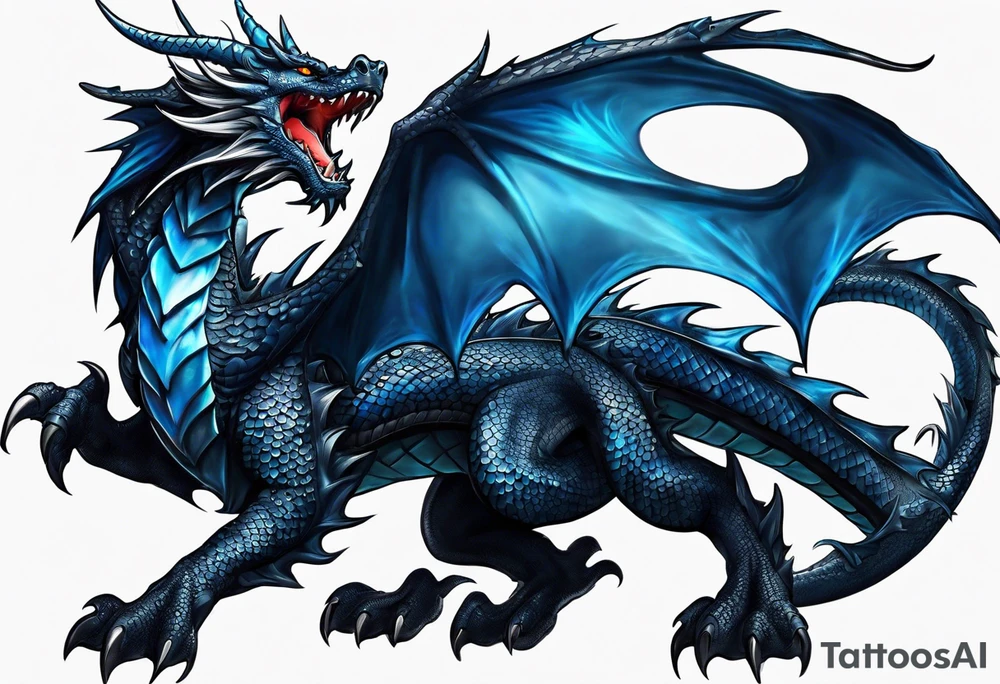 An epic floating dragon. Its long body coiling dynamically, with scales and horns detailed to create a sense of movement and strength. The dragon's main color is midnight blue, giving a vibrant depth and a mystical aura. This tattoo highlights the dragon’s fierce expression and sharp claws. tattoo idea