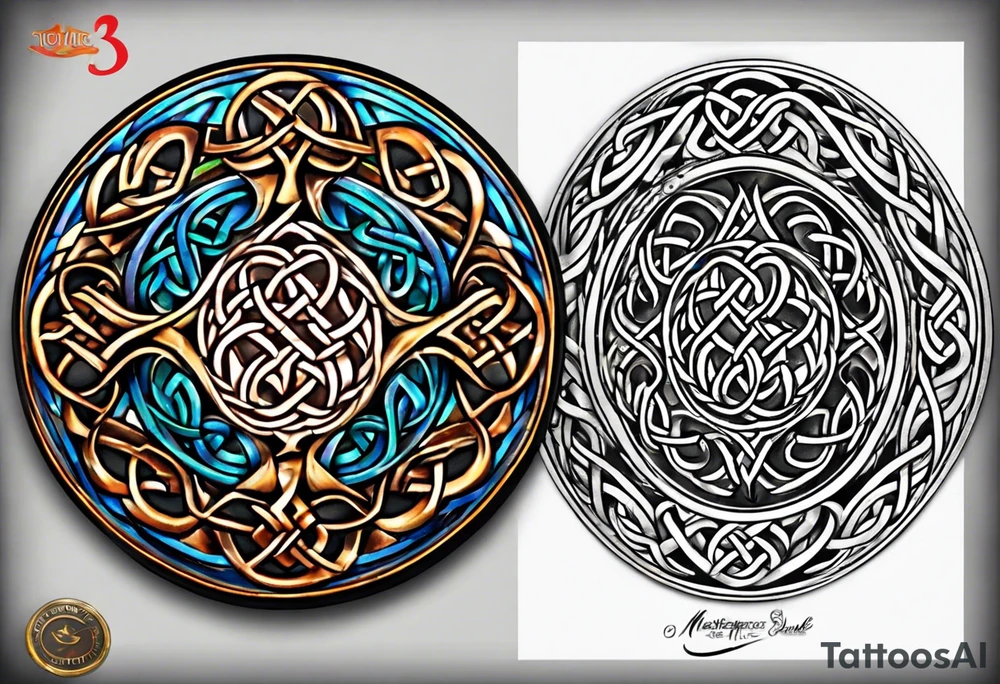 Small circular 3d colored shoulder Celtic tattoo tattoo idea